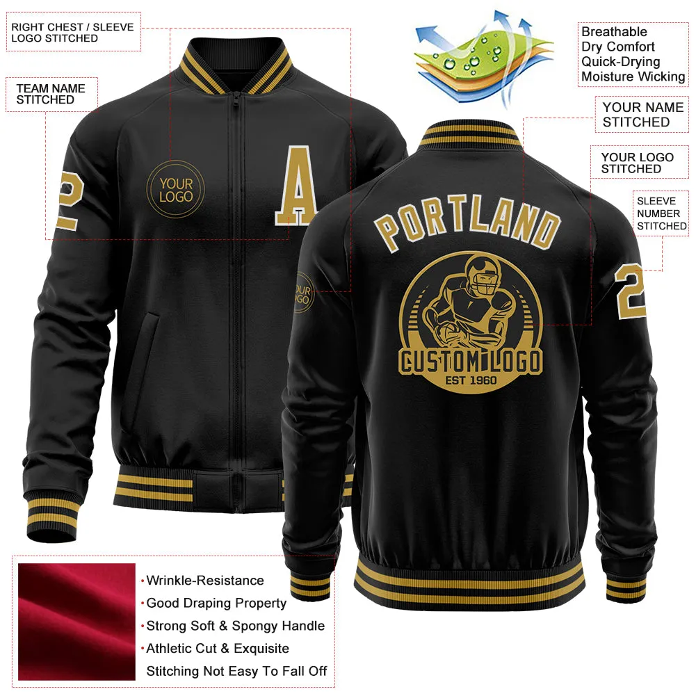 Custom Black Old Gold-White Bomber Varsity Letterman Zipper Jacket