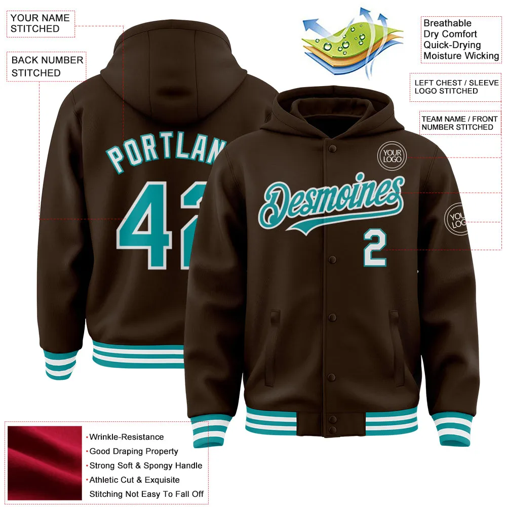 Custom Brown Teal-White Bomber Full-Snap Varsity Letterman Hoodie Jacket