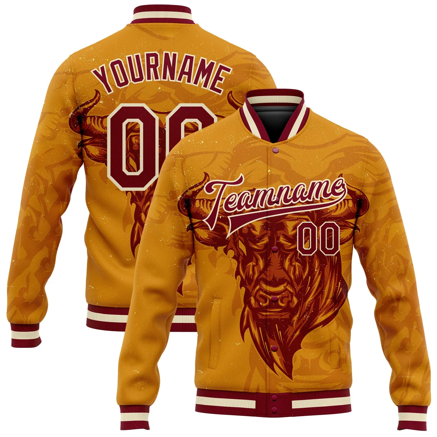 Custom Gold Maroon-Cream Angry Bull 3D Pattern Design Bomber Full-Snap Varsity Letterman Jacket