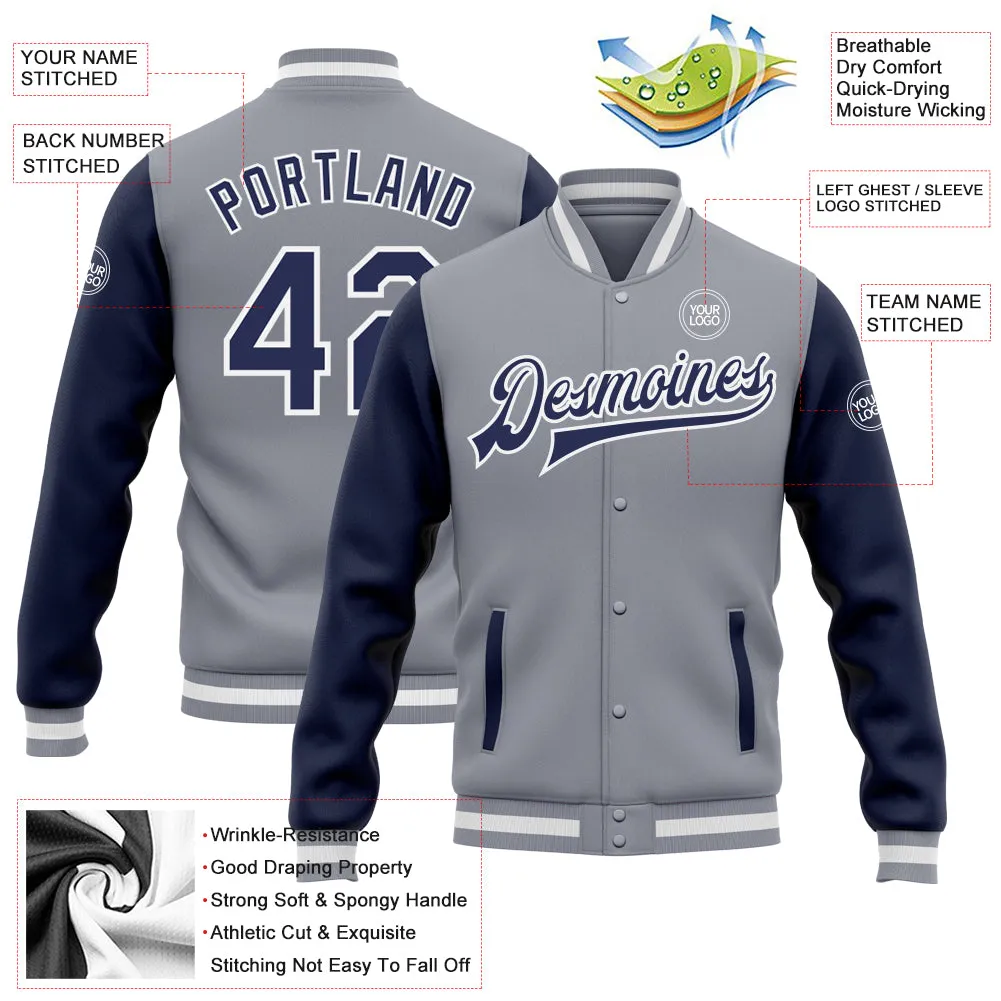 Custom Gray Navy-White Bomber Full-Snap Varsity Letterman Two Tone Jacket