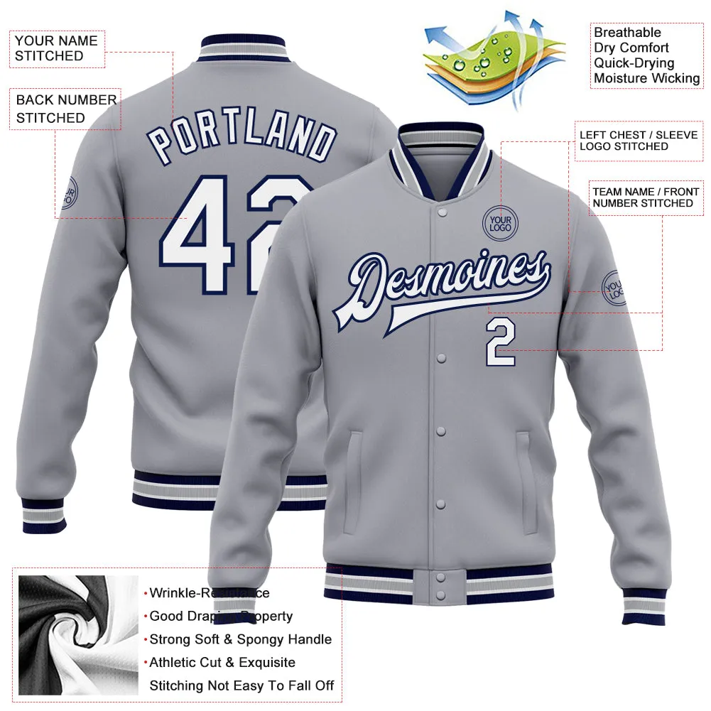 Custom Gray White-Navy Bomber Full-Snap Varsity Letterman Jacket