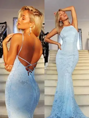 Custom Made Mermaid Backless Lace Light Blue Prom, Light Blue Mermaid Formal, Light Blue Lace Evening