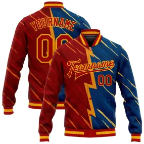 Custom Navy Red-Gold 3D Pattern Design Bomber Full-Snap Varsity Letterman Jacket