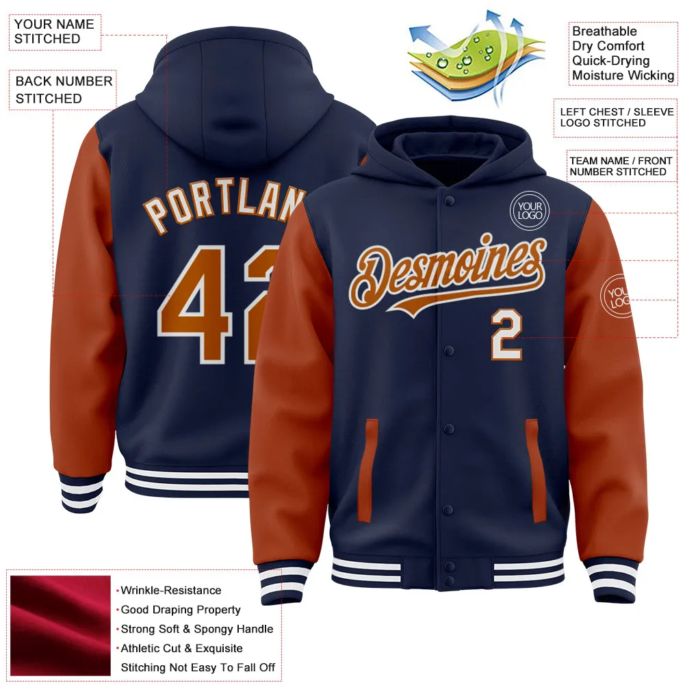 Custom Navy Texas Orange-White Bomber Full-Snap Varsity Letterman Two Tone Hoodie Jacket