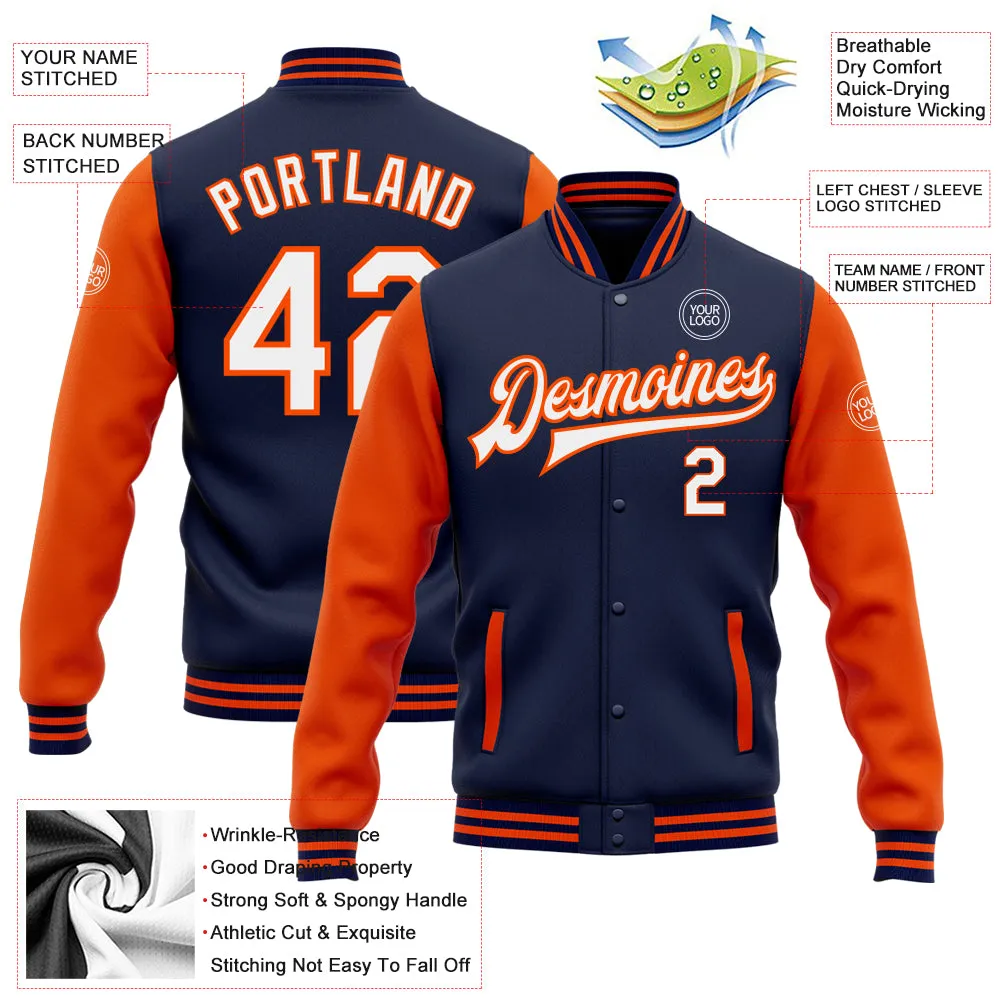 Custom Navy White-Orange Bomber Full-Snap Varsity Letterman Two Tone Jacket