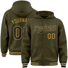 Custom Olive Black-Old Gold Bomber Full-Snap Varsity Letterman Salute To Service Hoodie Jacket