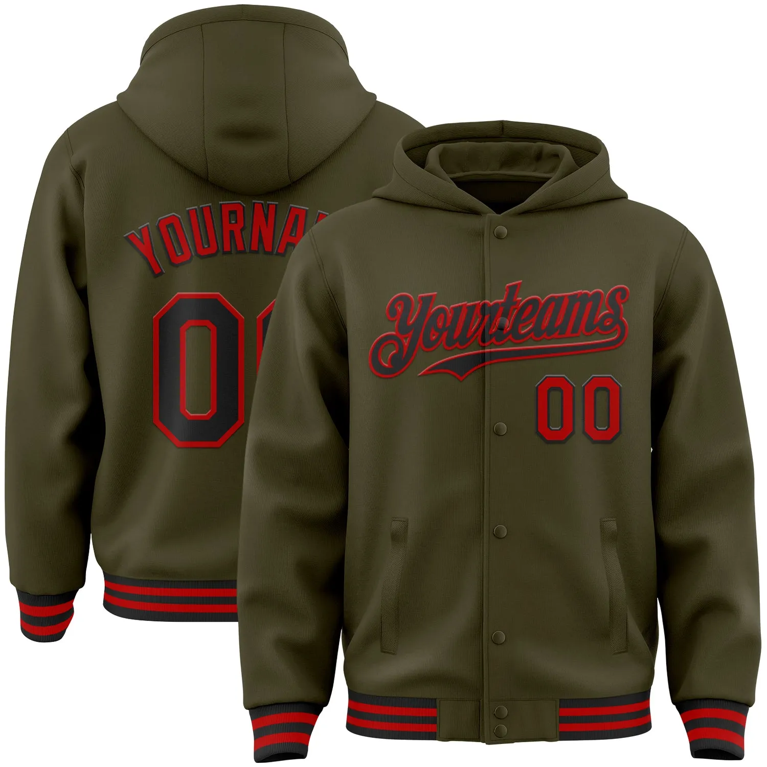 Custom Olive Black-Red Bomber Full-Snap Varsity Letterman Salute To Service Hoodie Jacket