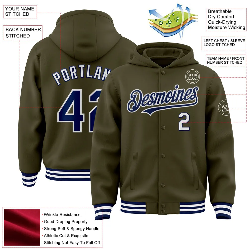 Custom Olive Navy-White Bomber Full-Snap Varsity Letterman Salute To Service Hoodie Jacket