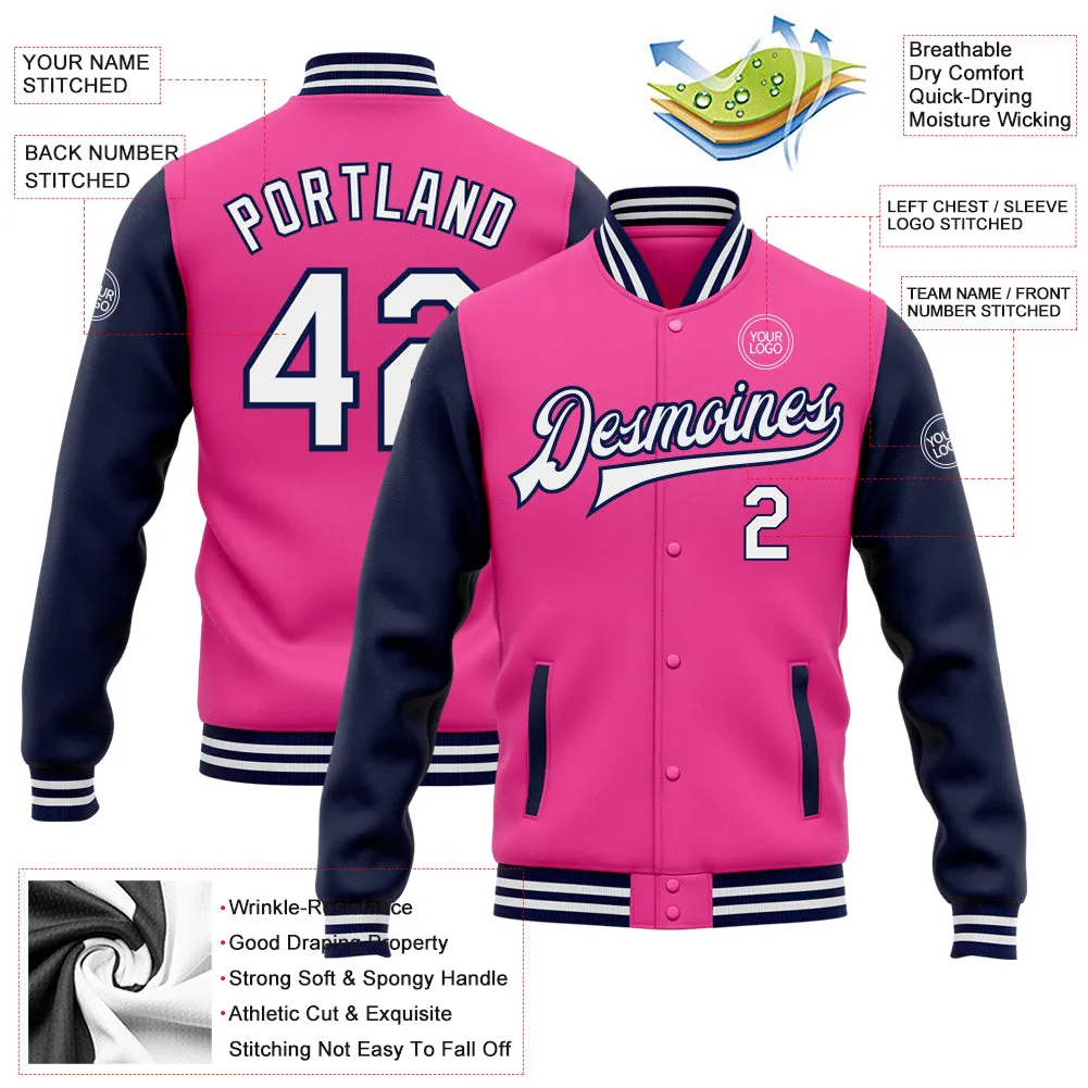 Custom Pink White-Navy Bomber Full-Snap Varsity Letterman Two Tone Jacket