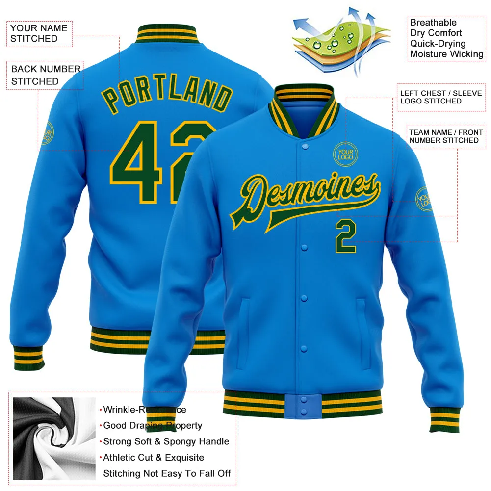 Custom Powder Blue Green-Gold Bomber Full-Snap Varsity Letterman Jacket