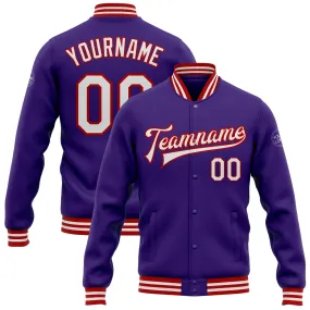 Custom Purple White-Red Bomber Full-Snap Varsity Letterman Jacket