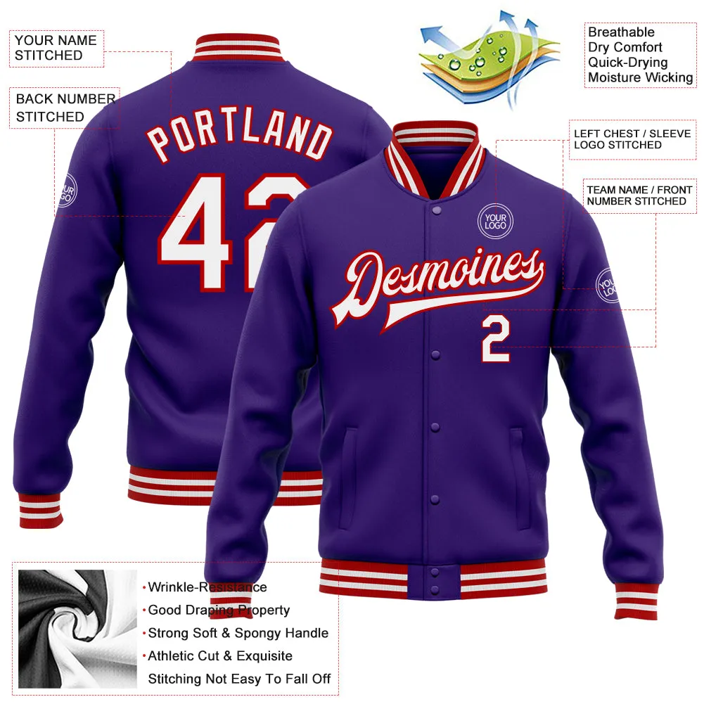 Custom Purple White-Red Bomber Full-Snap Varsity Letterman Jacket