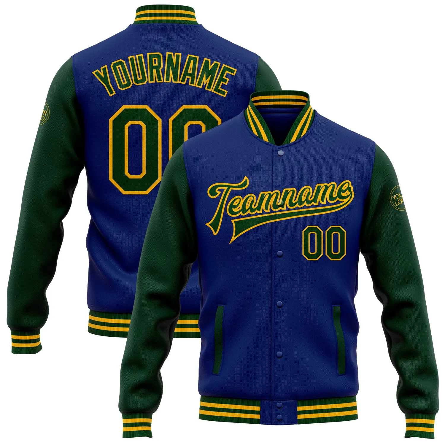 Custom Royal Green-Gold Bomber Full-Snap Varsity Letterman Two Tone Jacket