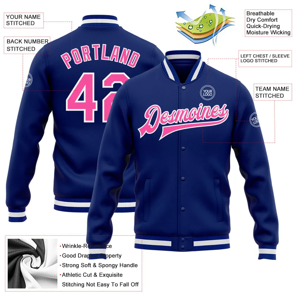 Custom Royal Pink-White Bomber Full-Snap Varsity Letterman Jacket