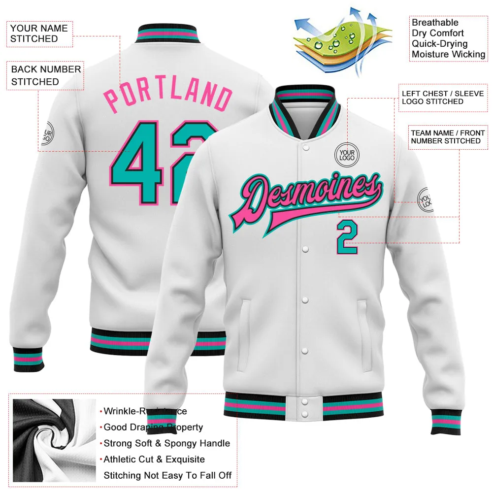 Custom White Aqua Black-Pink Bomber Full-Snap Varsity Letterman Jacket