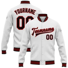 Custom White Black-Red Bomber Full-Snap Varsity Letterman Jacket