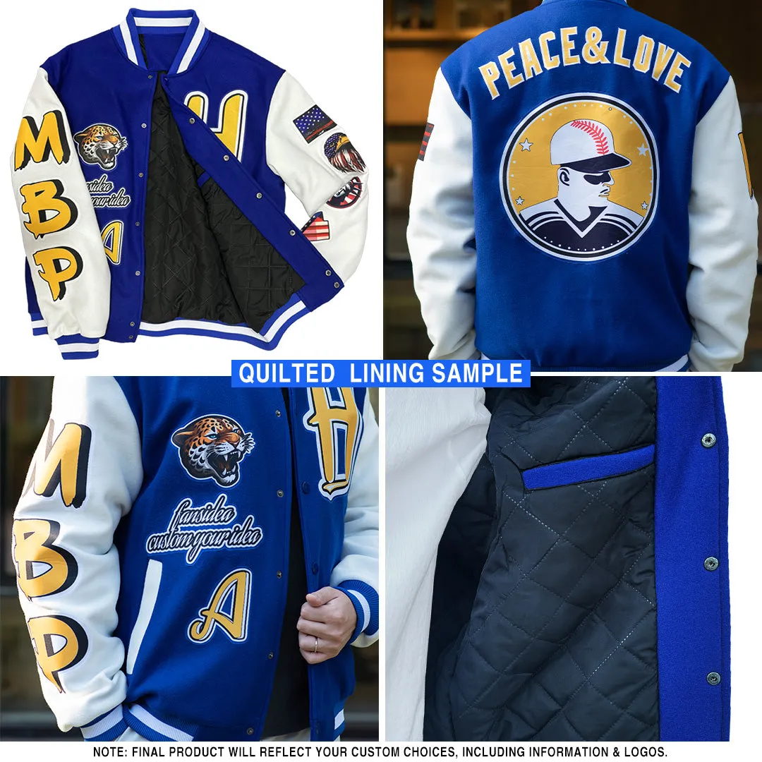 Custom White Navy Bomber Full-Snap Varsity Letterman Split Fashion Jacket