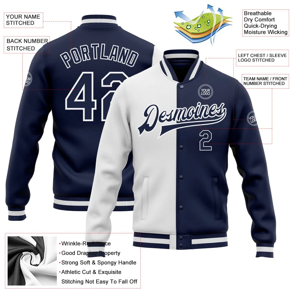 Custom White Navy Bomber Full-Snap Varsity Letterman Split Fashion Jacket