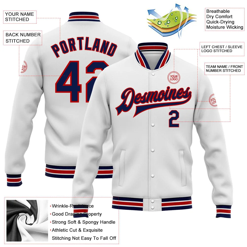 Custom White Navy-Red Bomber Full-Snap Varsity Letterman Jacket