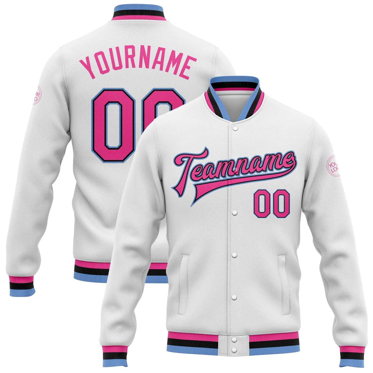 Custom White Pink Black-Light Blue Bomber Full-Snap Varsity Letterman Jacket