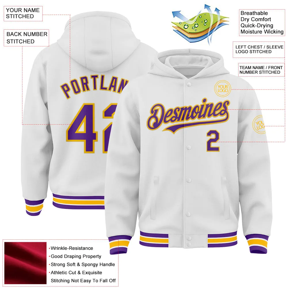 Custom White Purple-Gold Bomber Full-Snap Varsity Letterman Hoodie Jacket