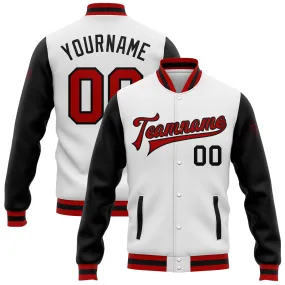 Custom White Red-Black Bomber Full-Snap Varsity Letterman Two Tone Jacket