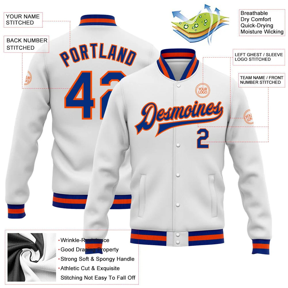 Custom White Royal-Orange Bomber Full-Snap Varsity Letterman Jacket