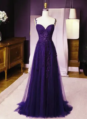 Dark Purple Sweetheart Tulle with Lace Straps Party Dress, Dark Purple Prom Dress