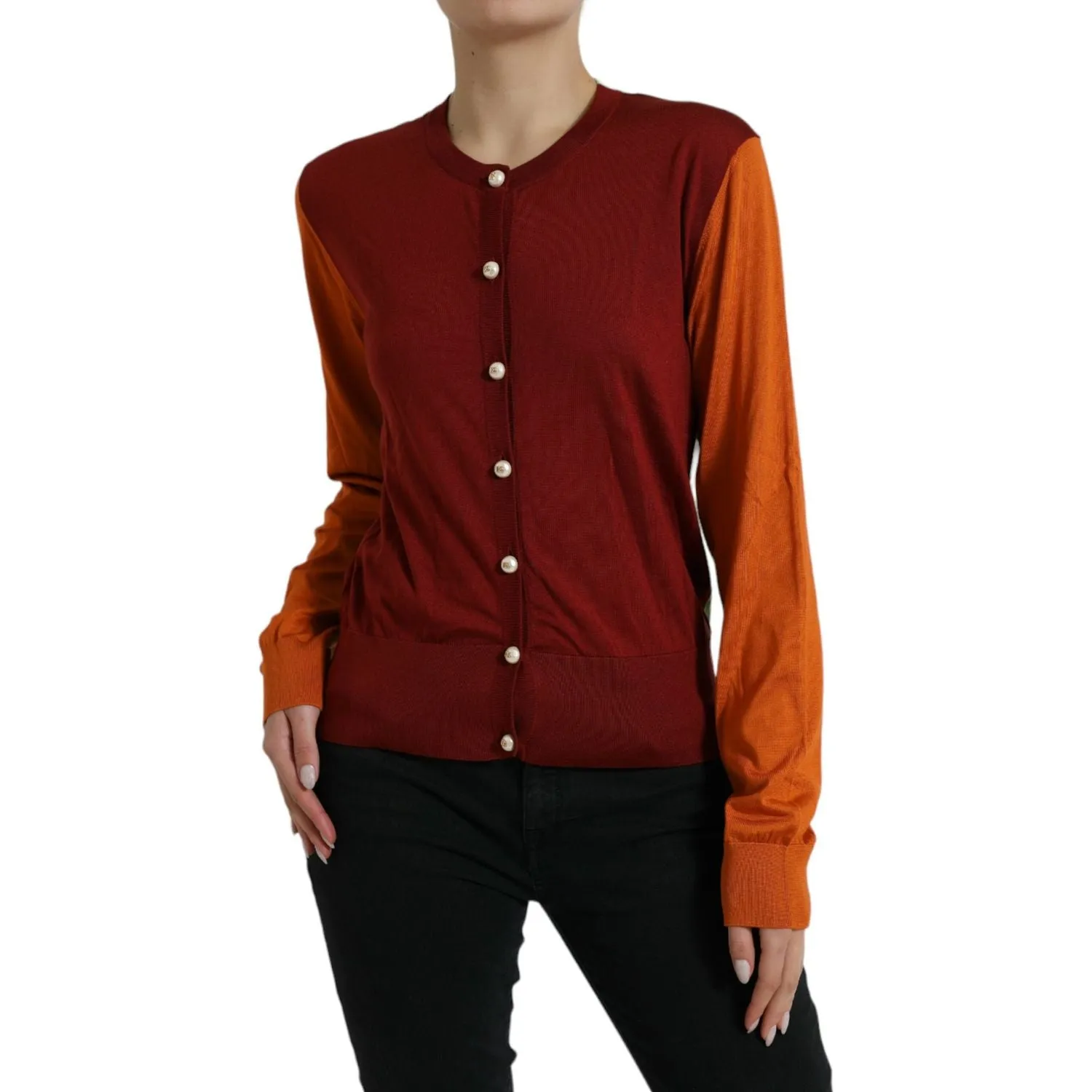 Dolce & Gabbana Silk Button Front Cardigan in Maroon Mix