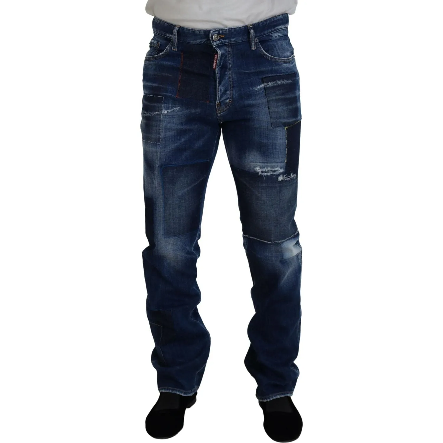 Dsquared² Blue Washed Patchwork Straight Fit Denim Jeans