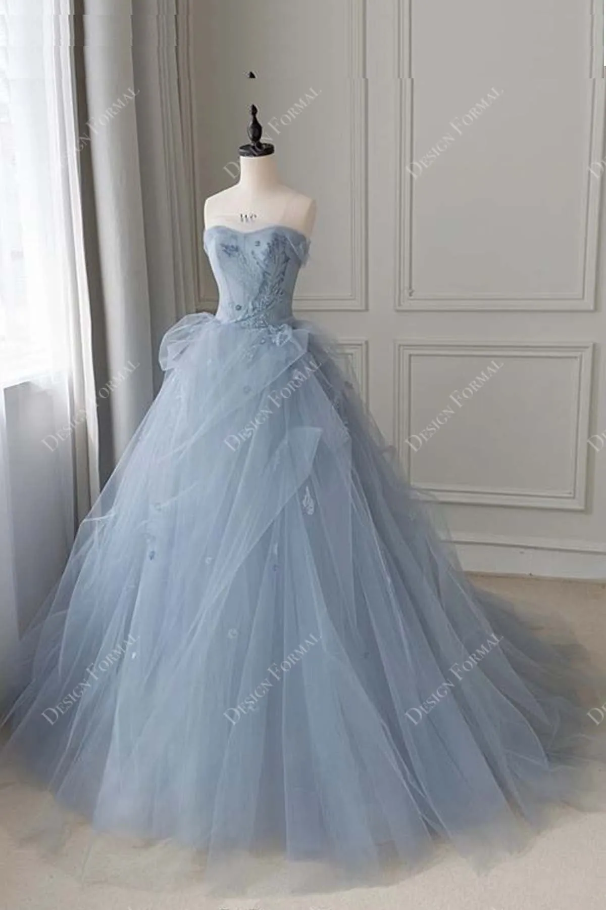 Dusty Blue Lace Tulle Strapless Custom Wedding Ball Gown