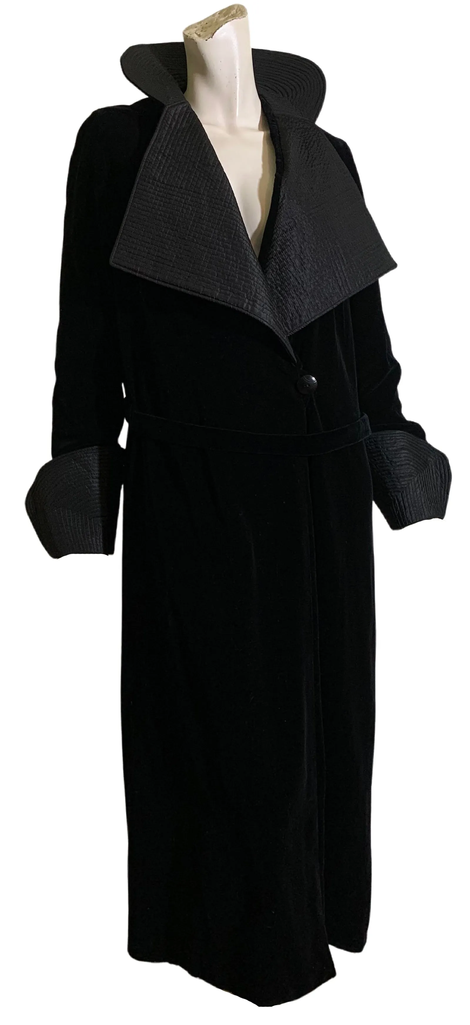 Ebony Black Cotton Velvet Coat with Trapunto Stitched Silk Stand Up Collar and Wide Cuffs circa Early 1900s