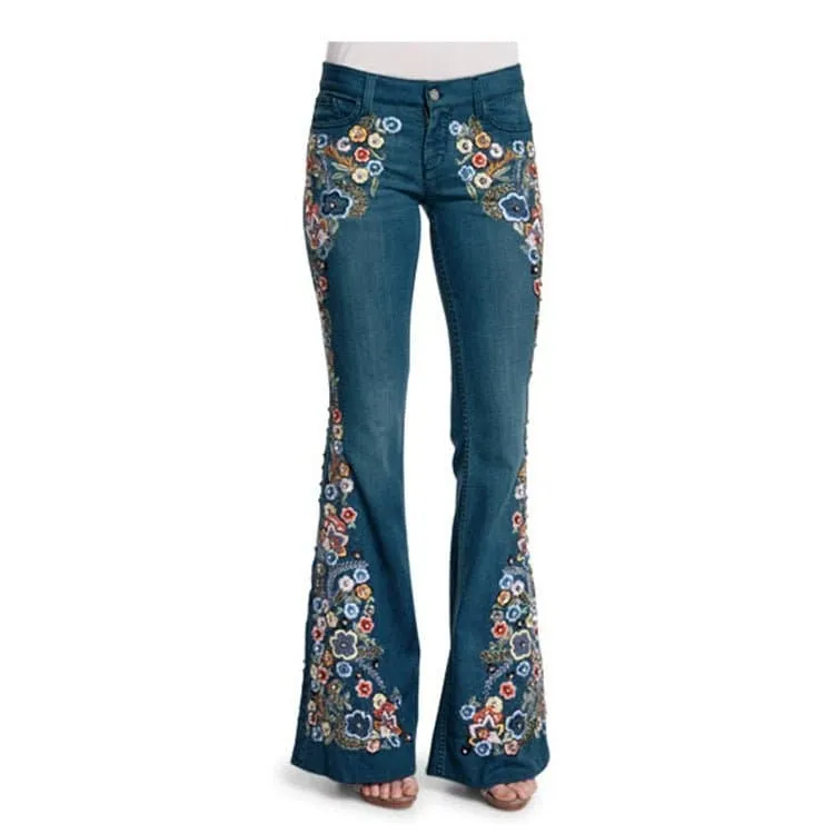 Embroidered Slim Fit Bell-Bottom Jeans