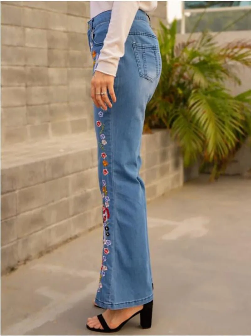 Embroidered Slim Fit Bell-Bottom Jeans