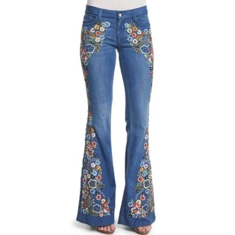 Embroidered Slim Fit Bell-Bottom Jeans