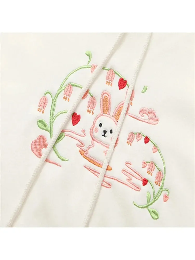 Fleece Thick Women Hoodies And Sweatshirts Cartoon Rabbit Embroidery Winter Flare Sleeve Kawaii Pullover Tracksuits