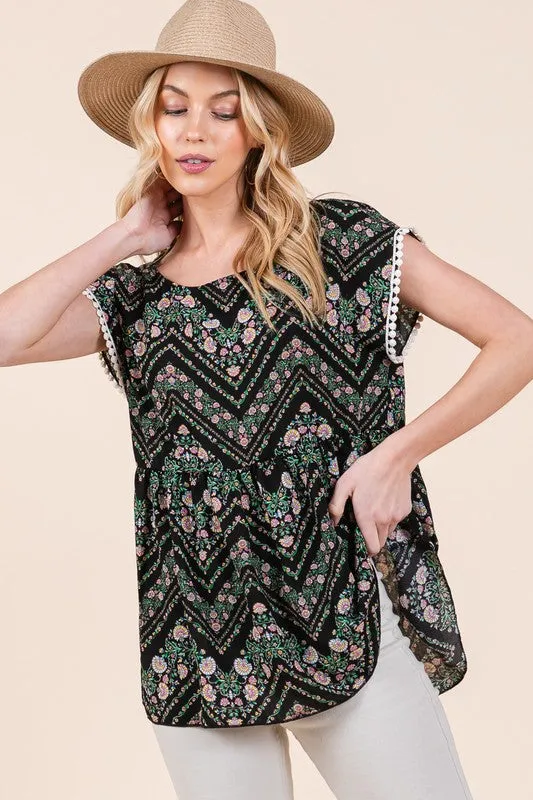 Floral Chevron Pom Pom Lace Woven Babydoll Tunic