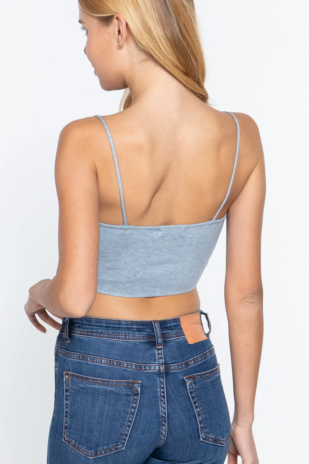 Front Ruched Detail Sweater Knit Crop Cami Blue Top_