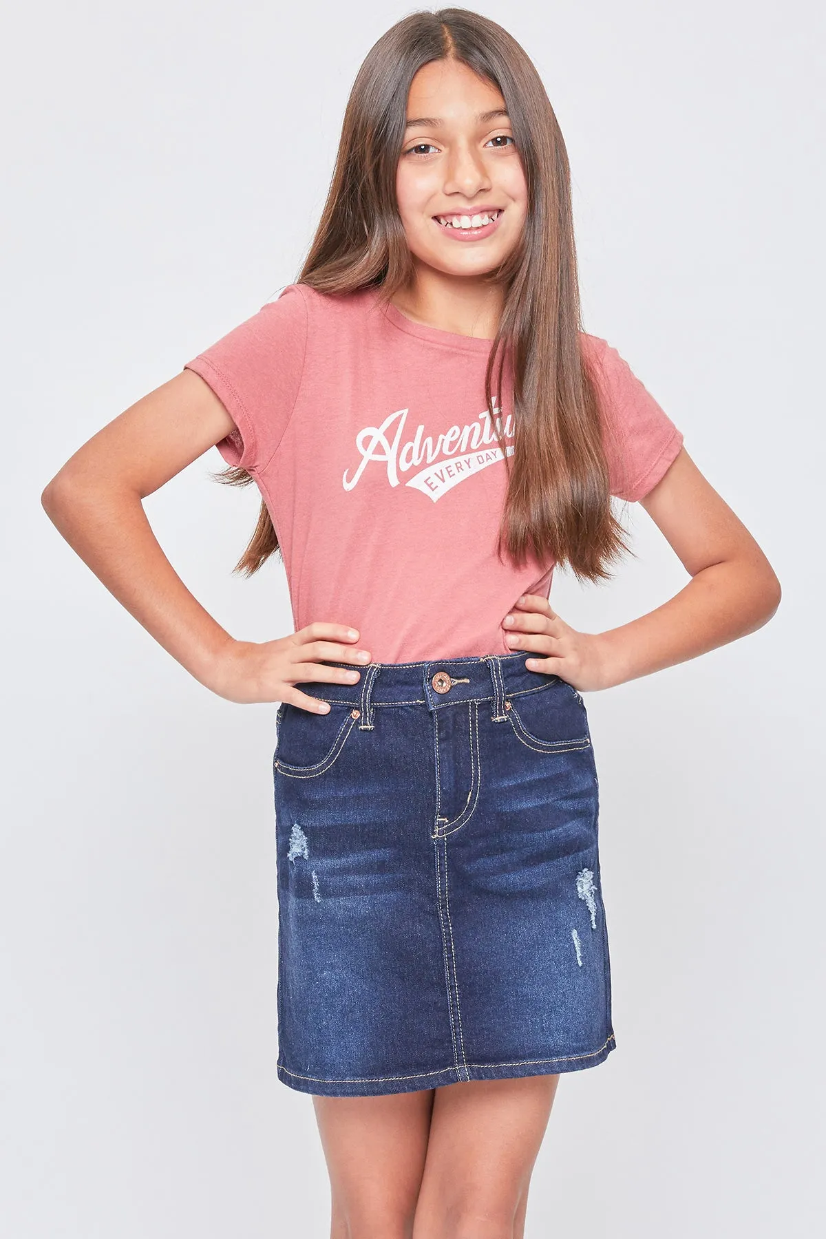 Girls' Essential High-Rise Basic Denim Skirt-Distressed