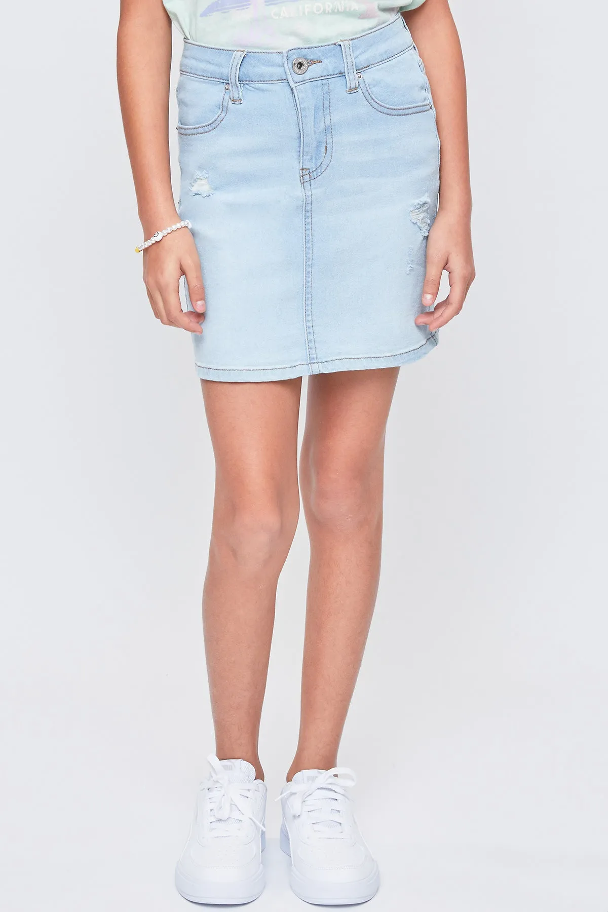 Girls' Essential High-Rise Basic Denim Skirt-Distressed