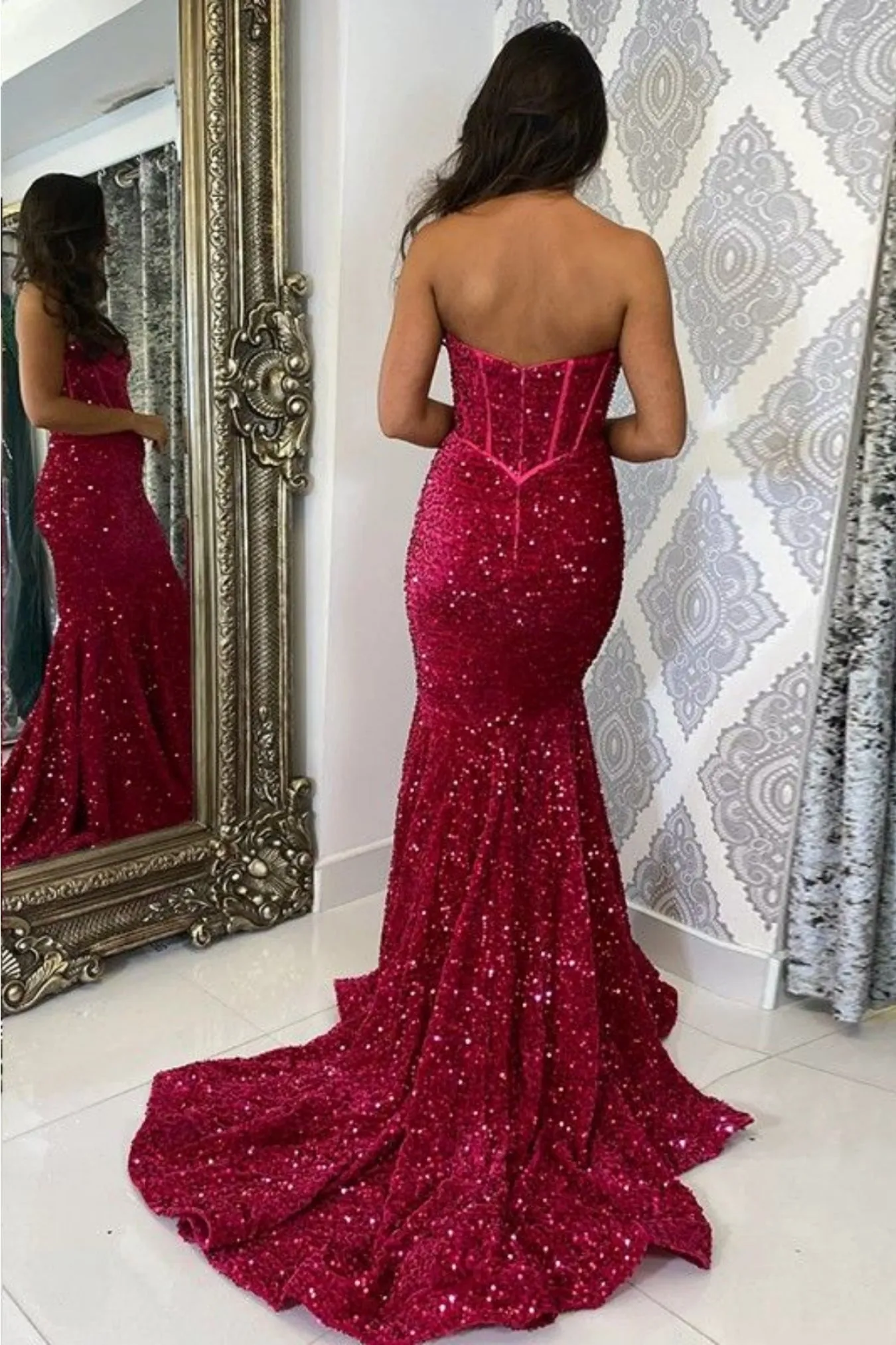 Gorgeous Strapless Mermaid Burgundy Sequins Long Prom Dress with Train, Mermaid Maroon Sequins Formal Evening Dress A2027