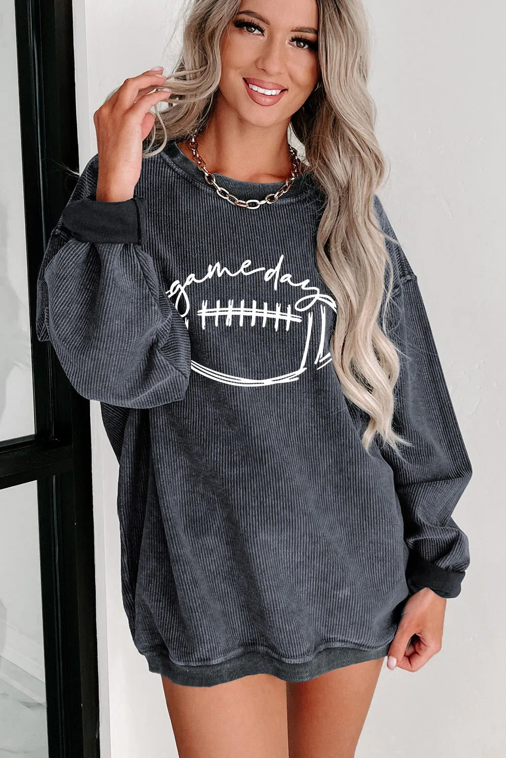 Gray Corded Texture Game Day Graphic Sweatshirt