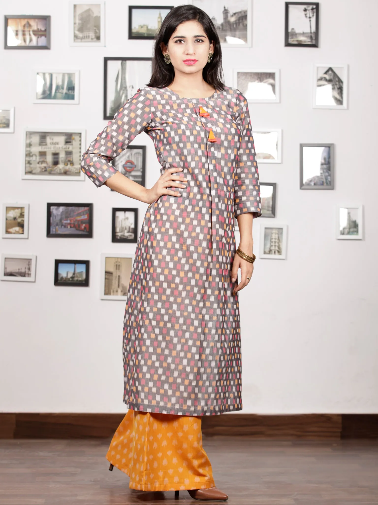 Grey Pink Peach White Handloom Mercerised Ikat Long Kurta With Golden Yellow Culottes (Set of 2)   - D283F1406