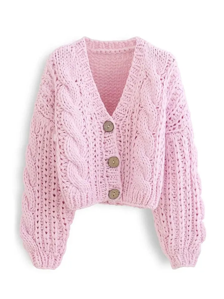 Handmade Chunky Knit Tops Women Fashion Cropped Knitted Cardigan Sweater Vintage Long Sleeve Female Outwear Chic C-159