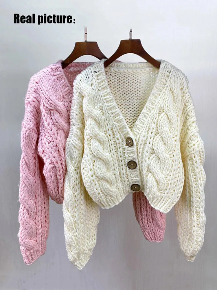 Handmade Chunky Knit Tops Women Fashion Cropped Knitted Cardigan Sweater Vintage Long Sleeve Female Outwear Chic C-159