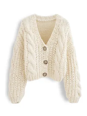 Handmade Chunky Knit Tops Women Fashion Cropped Knitted Cardigan Sweater Vintage Long Sleeve Female Outwear Chic C-159