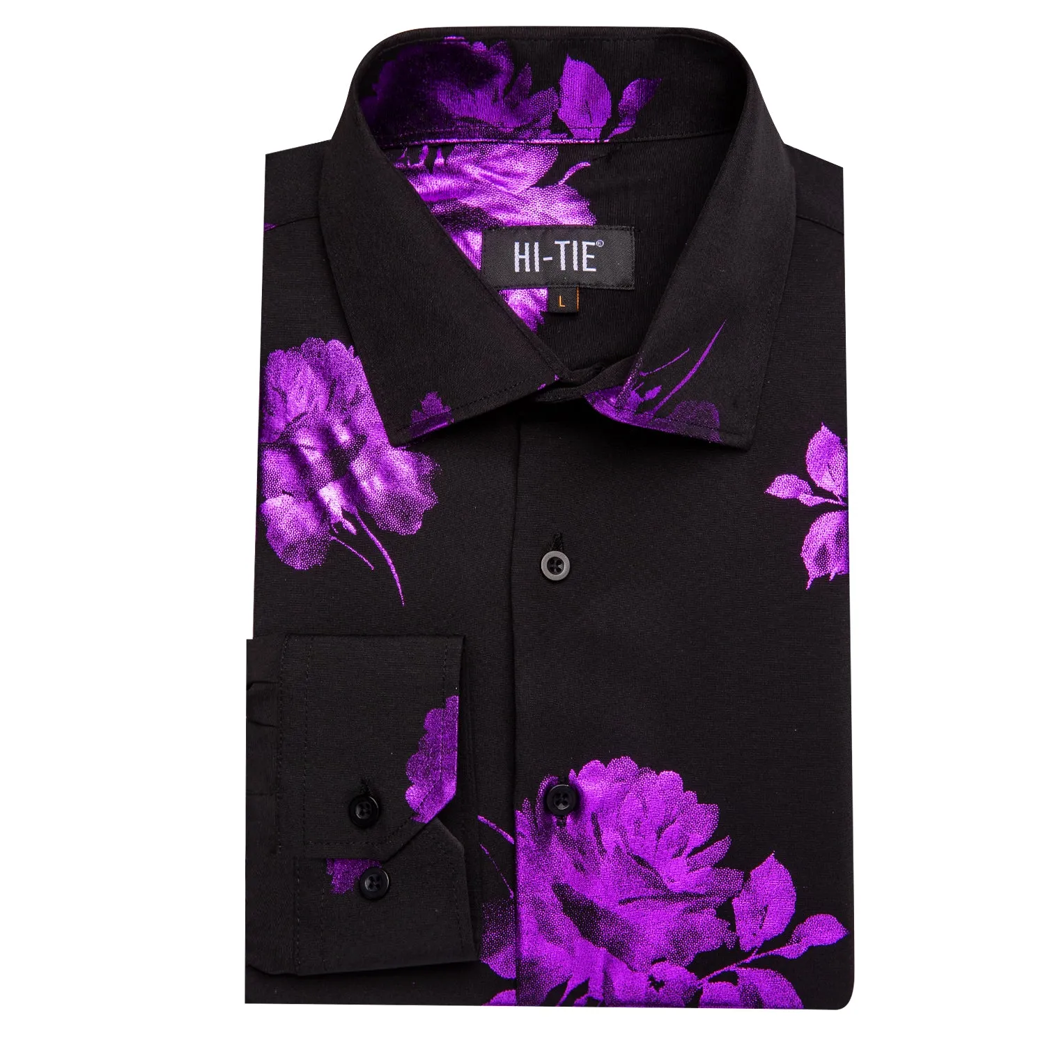 HI-Tie Black Dinner Shirt Purple Floral Silk Men's Long Sleeve Shirts