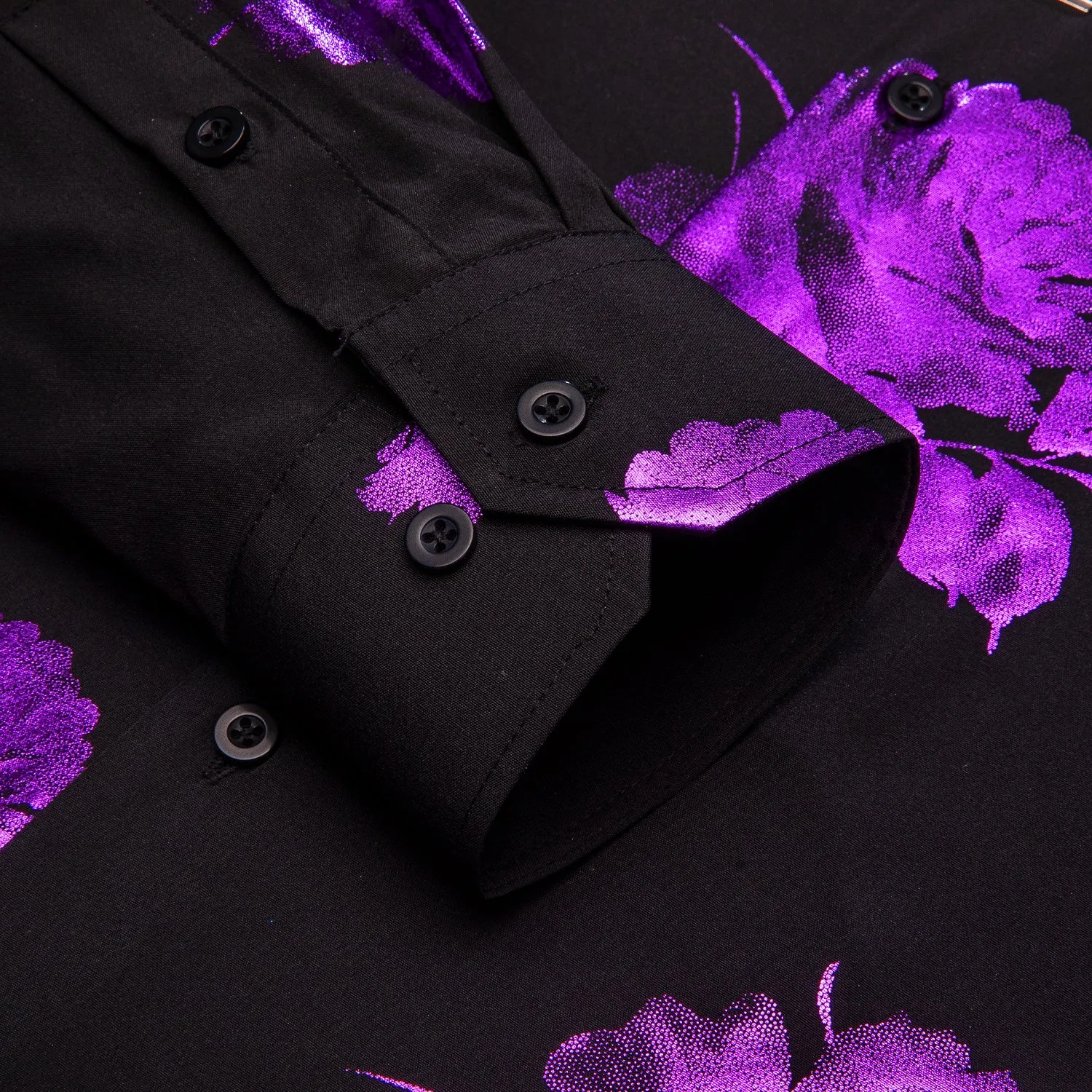 HI-Tie Black Dinner Shirt Purple Floral Silk Men's Long Sleeve Shirts