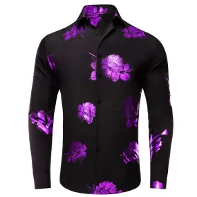 HI-Tie Black Dinner Shirt Purple Floral Silk Men's Long Sleeve Shirts