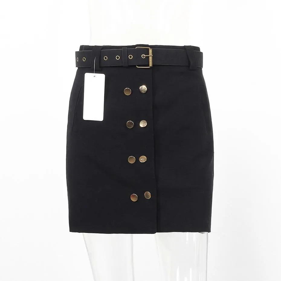 High Waist Double Button Skirt with Belt